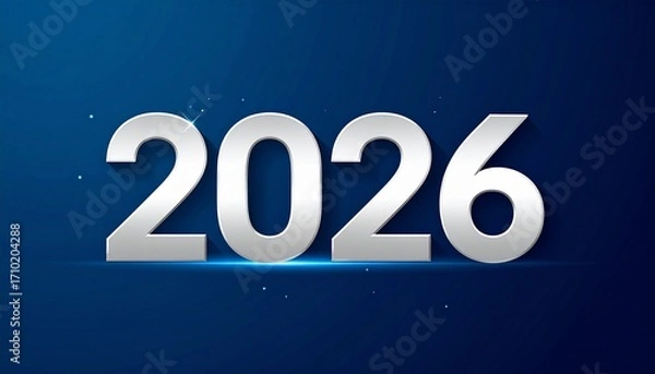 Fototapeta Ein modernes, minimalistisches Neujahrs-Design für 2026. Weiße und silberne Zahlen „2026“ auf schlichtem dunkelblauen Hintergrund