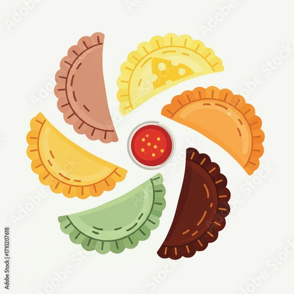 Fototapeta colorful empanadas variety with dipping sauce illustration