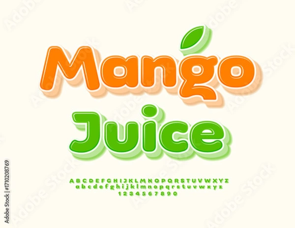 Fototapeta Vector Bright sticker Mango juice. Glossy Green 3D Font. Round Digital Alphabet Letters and Numbers set