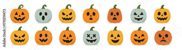 Obraz Flat halloween pumpkins with various faces on white background