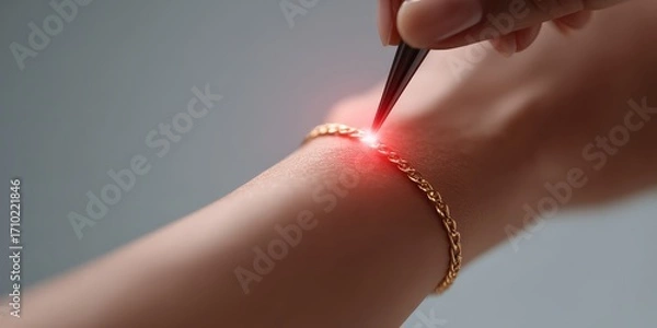 Fototapeta Permanent Jewelry Precision Laser Welding Close-up on Bracelet with High-End Studio Lighting and Spark Focus