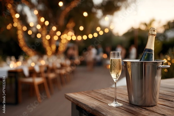 Fototapeta Champagne bottle in silver bucket with glass on wooden table at party, layout with copy space  