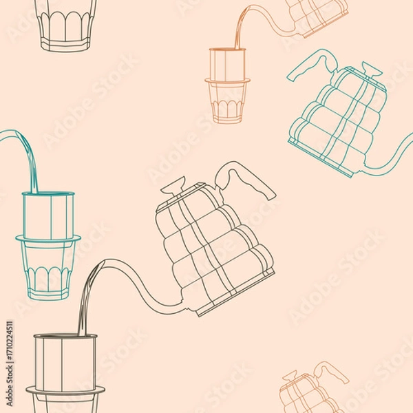 Fototapeta Editable Vector Illustration of Outline Style Pouring Hot Water for Vietnamese Coffee Brewing as Seamless Pattern for Creating Background of Cafe With Vietnamese Culture and Tradition Related Design