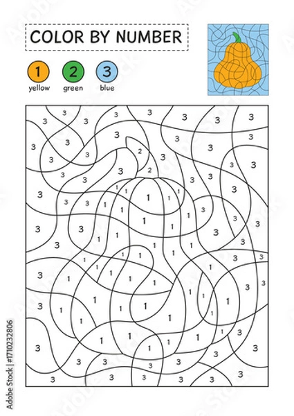 Fototapeta Coloring page with a picture of pumpkin to color by numbers. Color sheet for children education. Simple coloring for kids