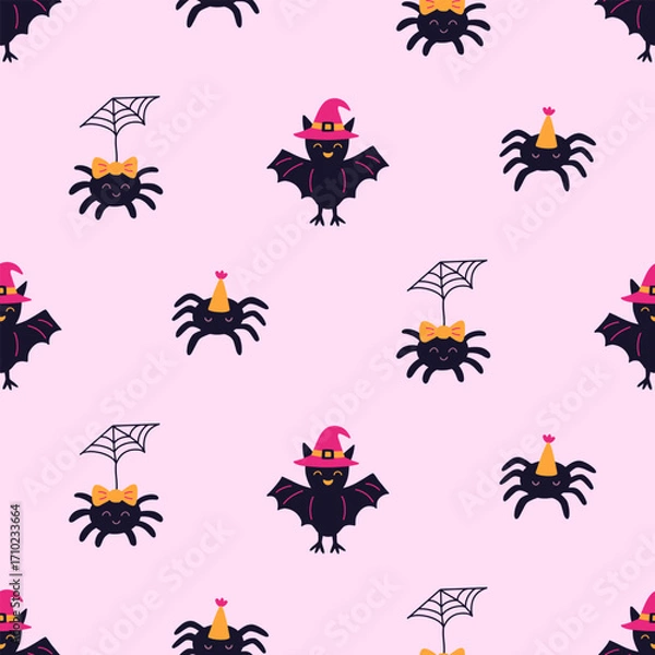 Fototapeta Halloween Cute Spider Web on Pink Seamless Pattern