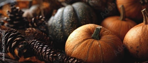 Fototapeta Rustic Autumn Still Life with Pumpkins and Pine Cones in Wicker Basket, Celebrating Thanksgiving and Fall Harvest Season