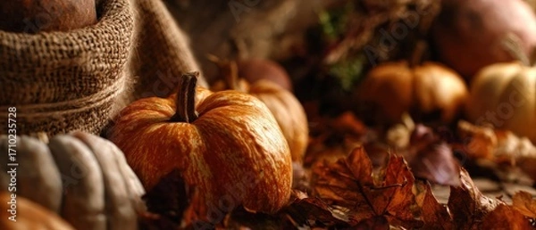 Fototapeta Rustic Autumn Still Life with Pumpkins and Fall Leaves in Warm Light, Thanksgiving and Harvest Season Concept