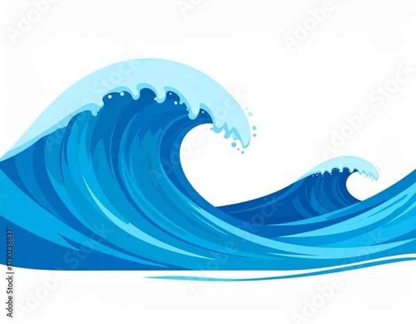 Fototapeta Stylized vector illustration of powerful blue ocean waves crashing with white foam