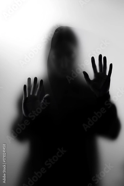 Fototapeta Mysterious figure standing behind a foggy glass in a dimly lit space during late evening hours