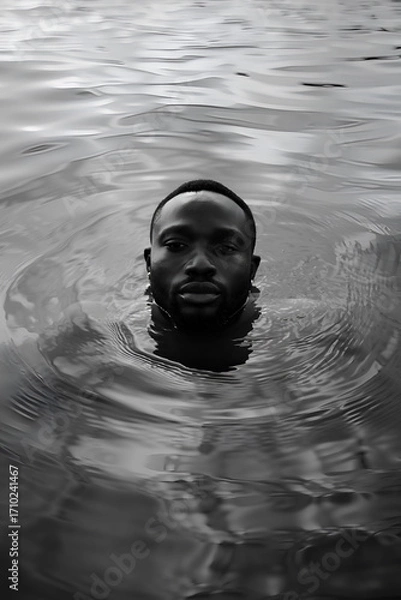 Fototapeta Man surfaces from still water, creating gentle ripples during a calm moment of reflection in a serene environment