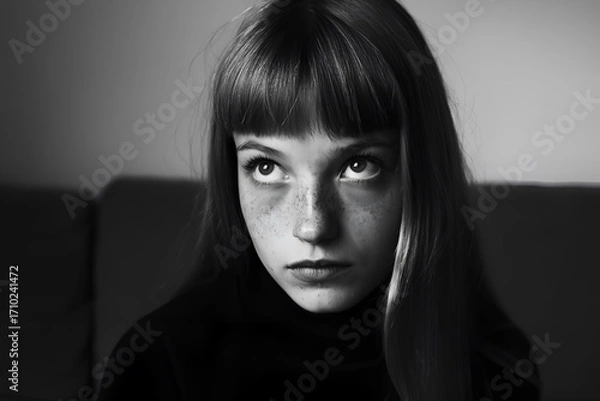 Fototapeta Close-up of a girl with freckles looking upwards in black and white, creating an introspective mood and highlighting her expressive features