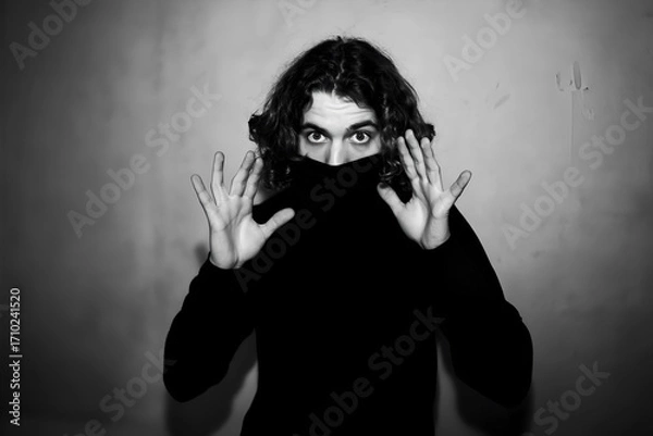 Fototapeta Person with curly hair covering face in dark clothing, giving an intriguing expression, set against a plain background, emphasizing mystery and secrecy
