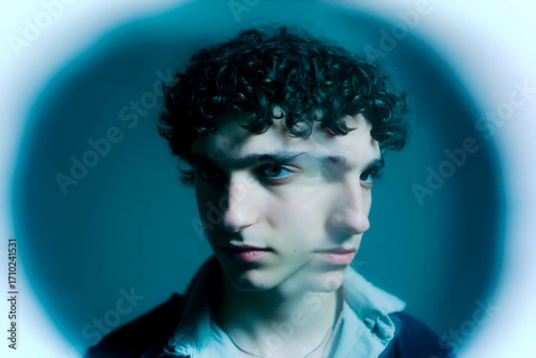 Fototapeta Young person with curly hair and an intense gaze captured in a creative blurred effect showcasing duality in expression during a studio photoshoot