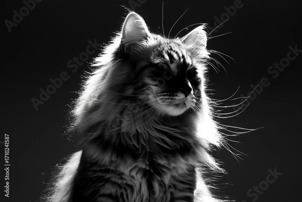 Fototapeta Majestic cat with flowing fur posed against a dark background showcasing elegant silhouette and distinct features