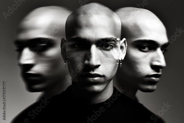 Fototapeta Three-faced portrait of a young man with a bold expression in a stylish black and white shoot