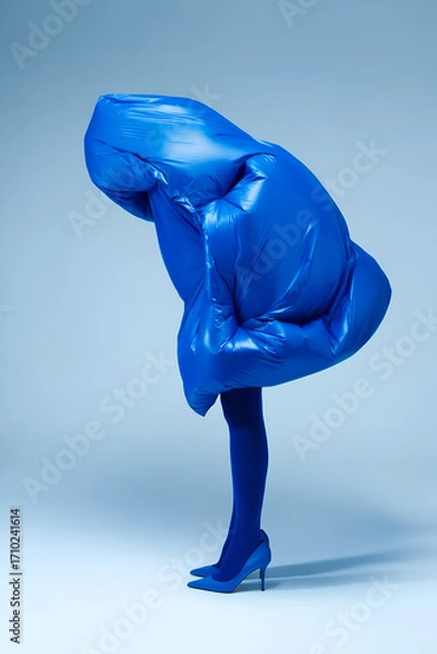 Fototapeta Unique fashion display featuring oversized blue design with striking high heels in a minimalist studio setting