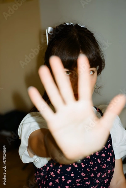 Fototapeta Young woman gestures with hand raised to express a boundary in an indoor setting