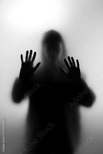 Fototapeta Person pressing hands against a foggy surface in a mysterious setting during a moody atmosphere