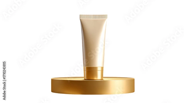 Fototapeta Realistic sunscreen tube displayed on golden pedestal, showcasing sleek design without any logos or text. product exudes elegance and sophistication, perfect for skincare enthusiasts