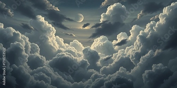 Fototapeta Vast, brooding, grey anime sky filled with fluffy, dark clouds,  dark,  sky