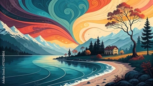 Obraz Fantasy Landscape with Mountains and River