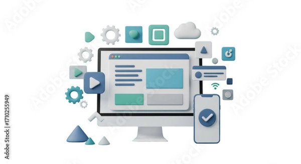 Fototapeta Modern 3D Illustration of Web and App Development.