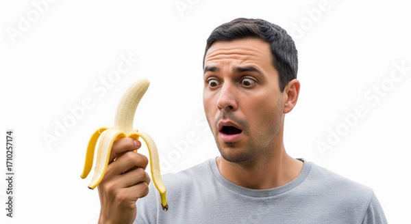 Fototapeta A man with a shocked expression holds a peeled banana, humorously representing themes of male sexual health, erectile dysfunction, and male enhancement.