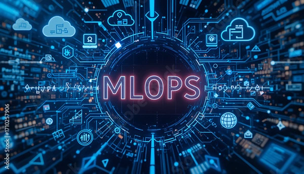 Fototapeta MLOps Integration and Deployment Framework Showcasing Machine Learning Model Lifecycle Management, Automated Pipelines, Continuous Integration and Delivery (CI/CD), Scalable Cloud Infrastructure