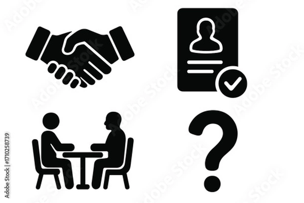 Fototapeta Business icon set for recruitment and hiring process. Vector silhouettes of job interview, resume, handshake agreement, and question mark for HR and corporate concepts.