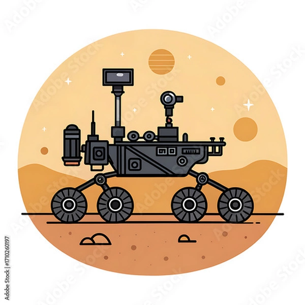 Fototapeta Cartoon mars rover exploring the red planet with a large moon in the background