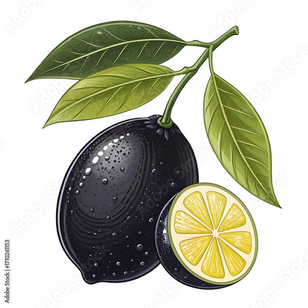 Fototapeta Illustration of a whole and sliced black lemon with green leaves on a branch
