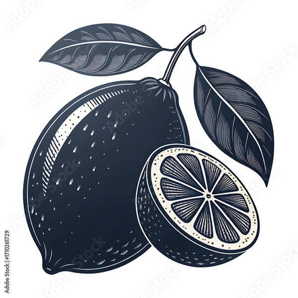 Fototapeta Vintage illustration of a whole lemon and a sliced lemon with leaves