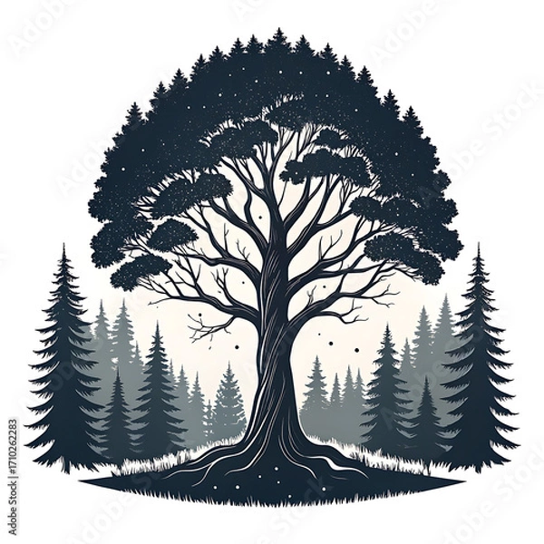 Fototapeta Majestic silhouette of an ancient pine tree in a forest landscape
