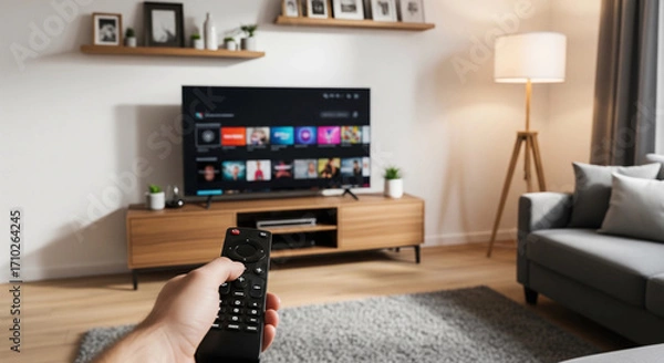 Fototapeta Hand holding a remote control pointed at a smart TV with a streaming menu in a modern living room. A perfect representation of home entertainment, streaming services, and a cozy evening.