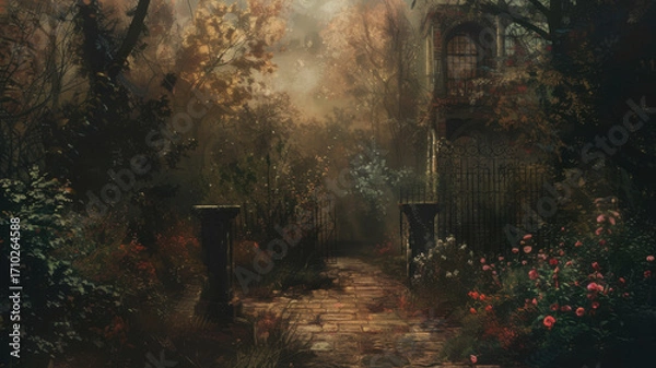 Fototapeta Path and steps leading to misty garden. Moody oil painting of a Victorian garden. Muted colors, decorative ornaments and lush plant growth in Victorian era garden.