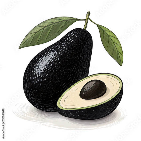 Fototapeta Ripe hass avocado with stem and leaves one halved