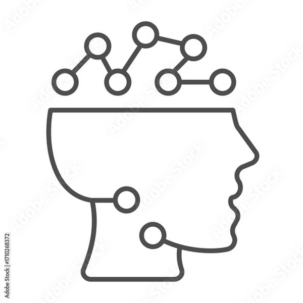 Fototapeta Human head with connections thin line icon, info tech concept. Vector graphics. Brain with neuron links, neural network sign on white background, outline style icon for mobile or web design.