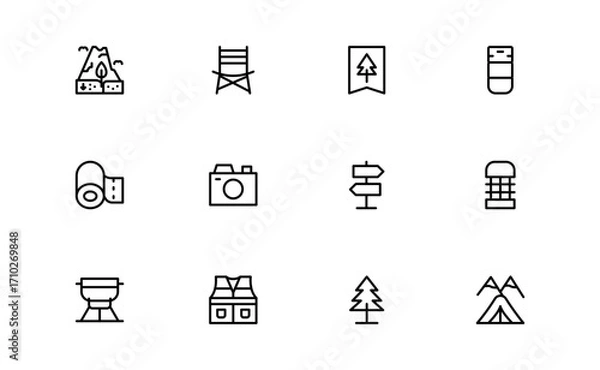 Obraz Wilderness line icon set featuring editable, pixel-perfect designs in a simple, clean, and professional style. Ideal for outdoor, survival, and nature-related visuals.