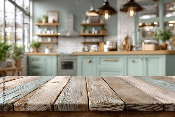 Fototapeta Empty, clean wooden tabletop is in the foreground, with a beautifully blurred modern farmhouse kitchen in the background featuring soft green cabinets.