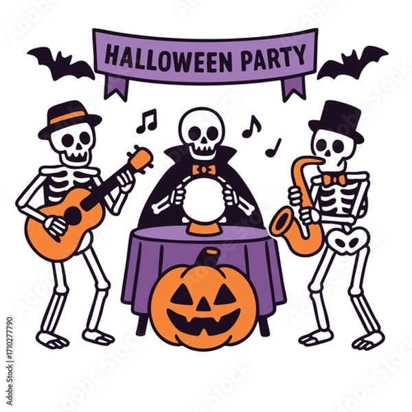 Fototapeta Skeletons playing music at Halloween party with pumpkin and bats