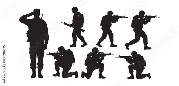 Fototapeta Soldier silhouettes set. Male military figures in various poses, including standing, saluting, walking, and kneeling, with guns. Army, navy, and marine corps concept.

