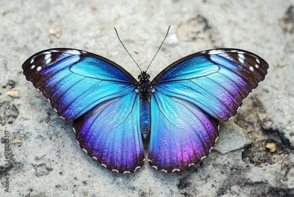 Fototapeta Vibrant Blue Morpho Butterfly on Stone Surface