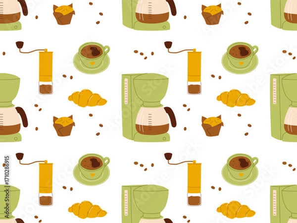Obraz Seamless coffee pattern with drip coffee maker, grinder and desserts. Vector illustration for packaging, textile, wallpaper design