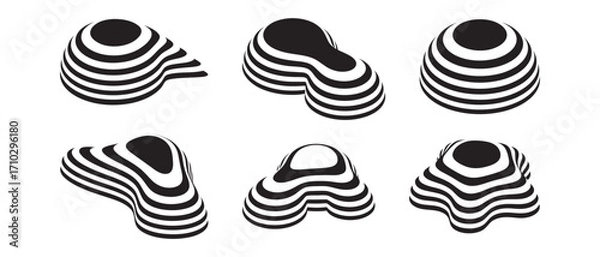 Fototapeta Set of abstract 3d striped shapes with optical illusion effect. Black and white organic forms with 3d effect. Modern retro graphic design elements.