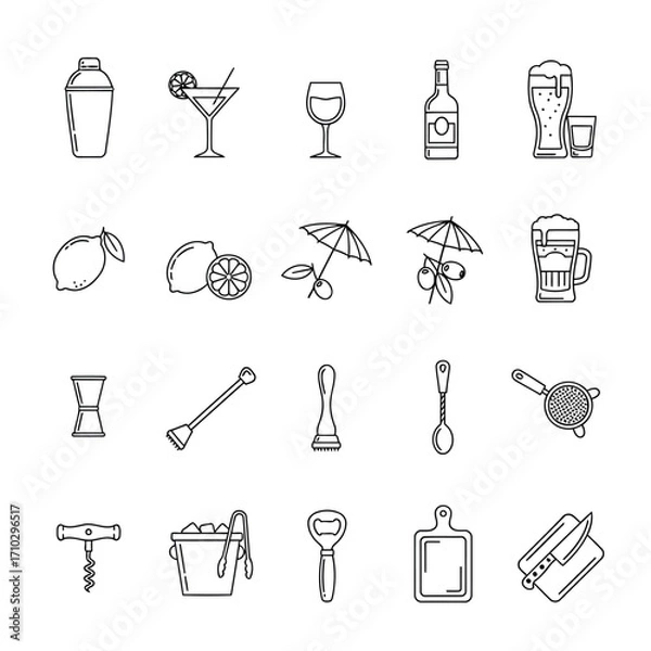 Fototapeta A collection of line art icons depicting various bar tools, cocktail ingredients, and alcoholic beverages such as shakers, glasses, lemons, limes, beer, wine, and spirits.