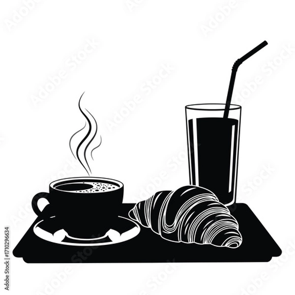 Fototapeta Silhouette of a breakfast tray with coffee, croissant, and juice, perfect for morning enjoyment.