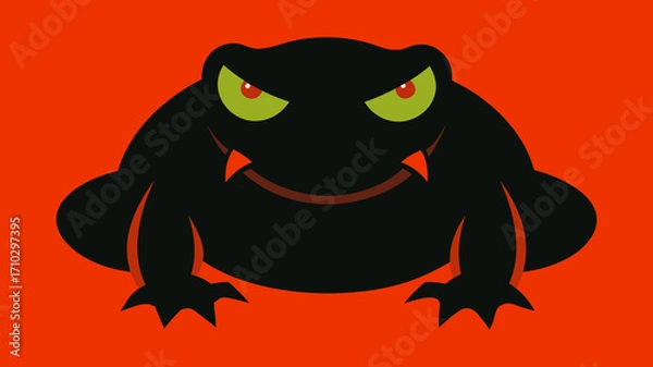 Fototapeta Stylish illustration of a black toad or frog with red eyes on a bright red background, evoking menace and tension