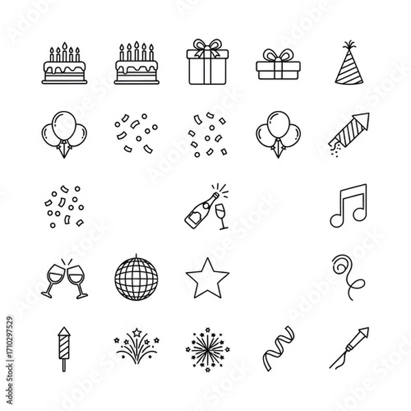 Fototapeta Collection of simple line art icons representing party and celebration elements.
