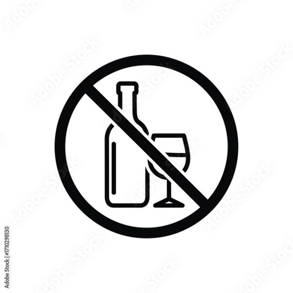 Fototapeta A black and white prohibition sign icon indicating no alcohol is allowed, featuring a bottle and a glass.