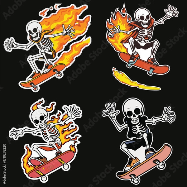 Fototapeta Cool skeleton skateboarding cartoon vector illustration with flaming skateboard